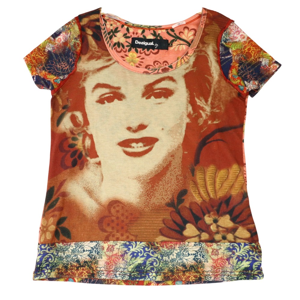 Desigual Marilyn Monroe Floral Graphic Knit T-Shirt XL Multicolor Patchwork Y2K